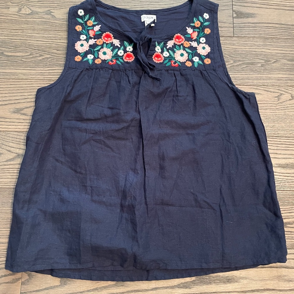 J.Crew Linen Blue sleeveless embroidered Top Medium